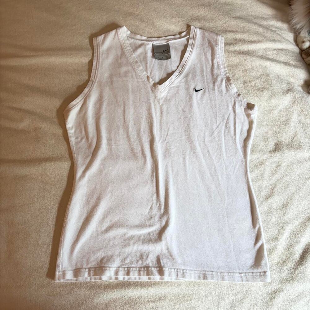 Vintage Nike White V-Neck Tank Top Embroidered Swoosh Womens Large